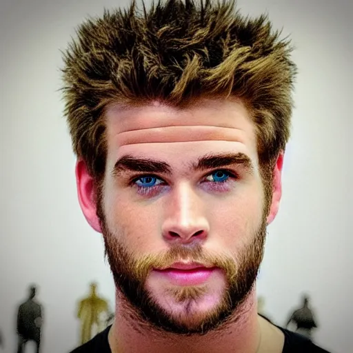 Image similar to “a realistic detailed photo of a guy who is an attractive humanoid who is half robot and half humanoid, who is a male android, actor Liam Hemsworth, shiny skin, posing like a statue, blank stare, at the museum, on display”