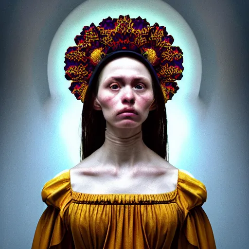 Image similar to Colour Caravaggio style Photography of Highly detailed beautiful Woman with 1000 years perfect face and wearing detailed Ukrainian folk costume designed by Taras Shevchenko also wearing highly detailed futuristic VR headset designed by Josan Gonzalez. Many details In style of Josan Gonzalez and Mike Winkelmann and andgreg rutkowski and alphonse muchaand and Caspar David Friedrich and Stephen Hickman and James Gurney and Hiromasa Ogura. Rendered in Blender and Octane Render volumetric natural light