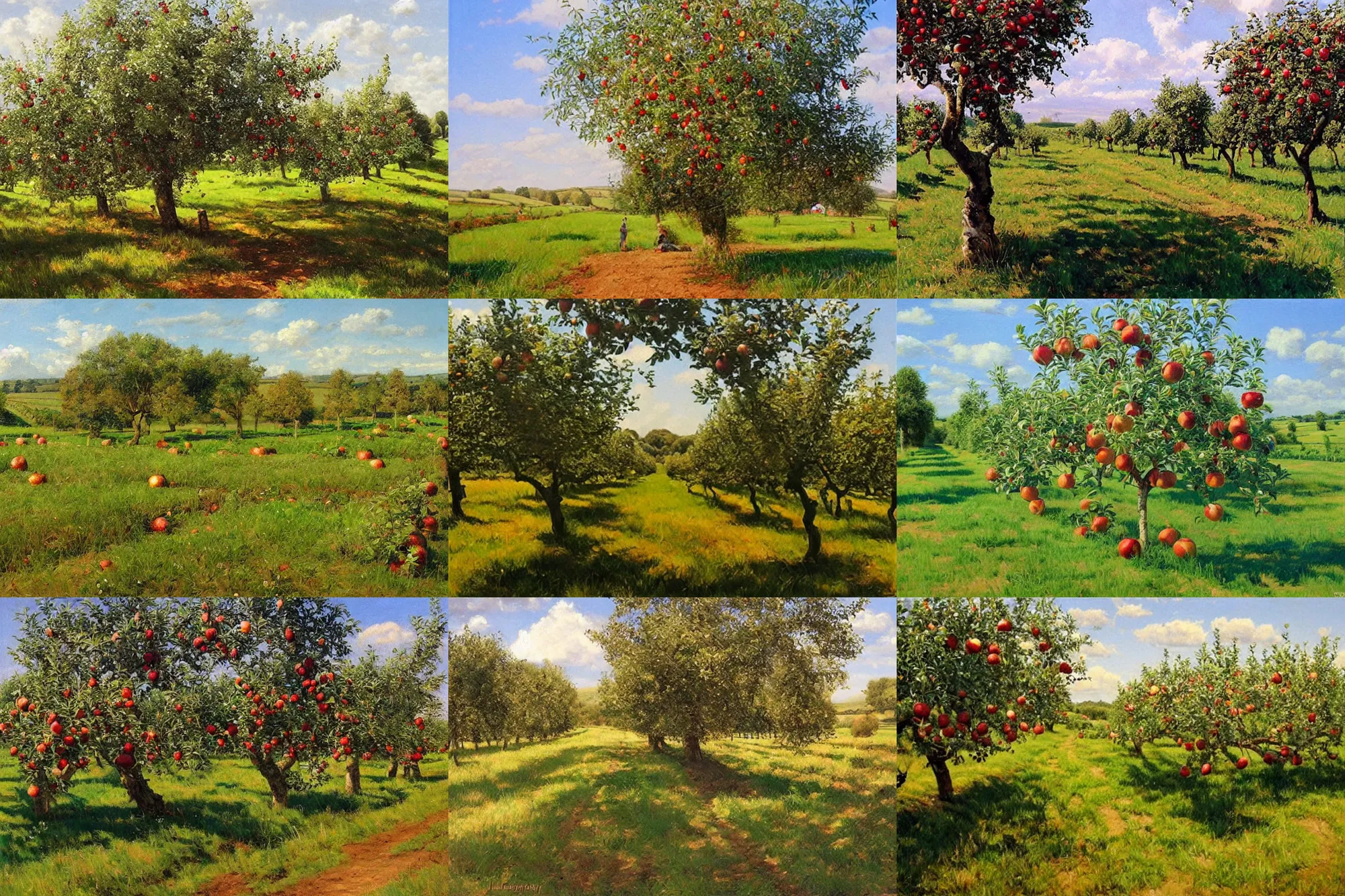 Prompt: beautiful apple orchard, fields in the english countryside, summer heat, painting by james gurney