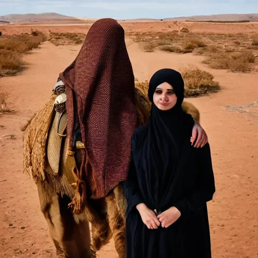 Image similar to anna forsterling and saul bromberger, yulia nevskaya, pulitzer winning, photorealistic, bokeh, fine details, aesthetic / woman wear burqa ride camel and handling gun in shaaran