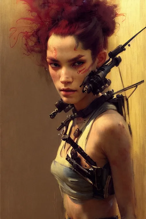 Image similar to portrait max mad cyberpunk, girl with a rifle character design, painting by gaston bussiere, katsuya terada, nc wyeth, greg rutkowski, craig mullins, vermeer, frank frazetta, tom of finland, trending on artstation, jeffery catherine jones