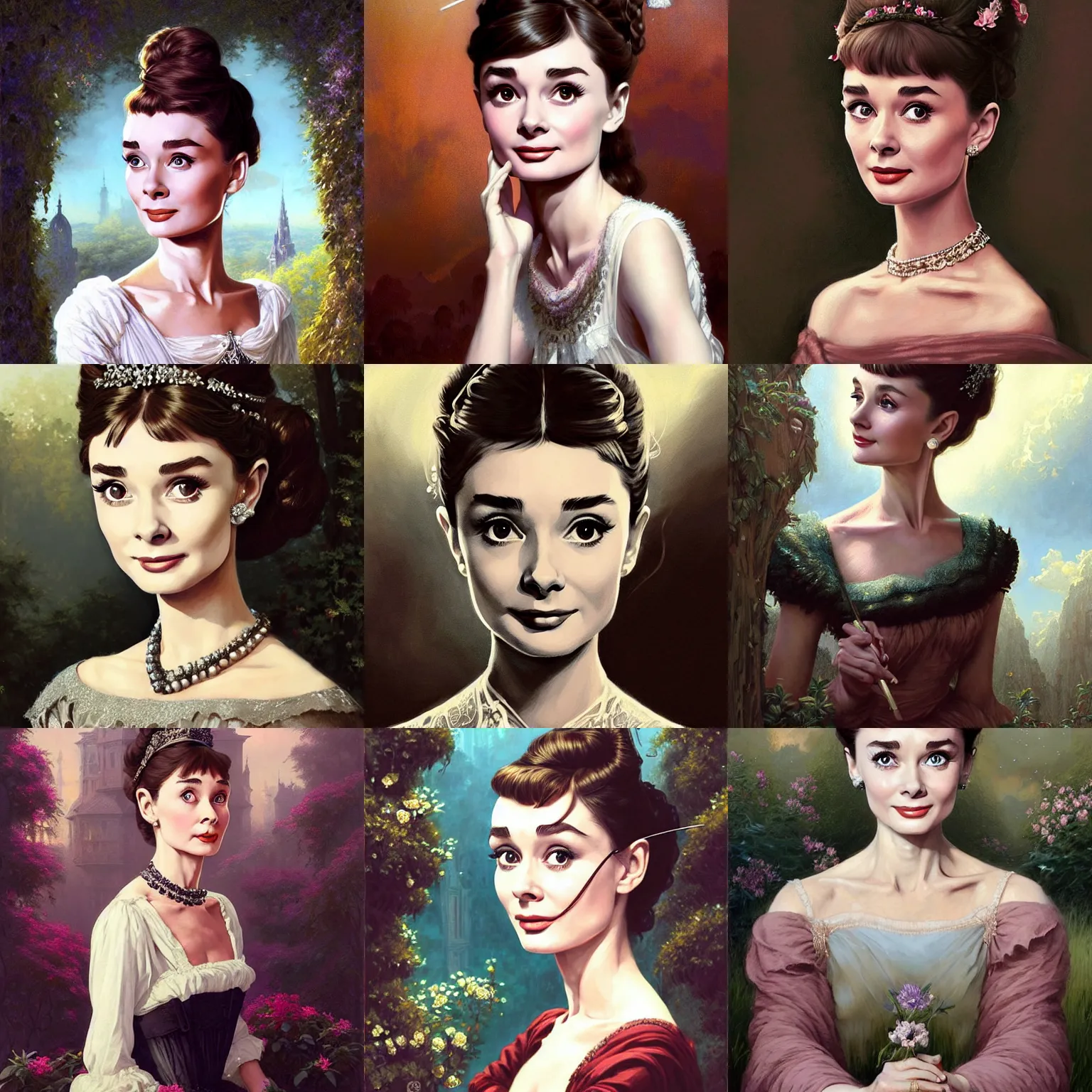 Prompt: young and pretty audrey hepburn in an epic victorian novel, various backgrounds, intricate, elegant, highly detailed, digital painting, artstation, matte, illustration, art by artgerm, greg rutkowski, loish, rhads, ferdinand knab, makoto shinkai, lois van baarle, ilya kuvshinov, rossdraws, tom bagshaw