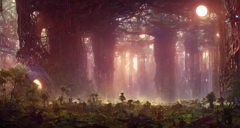 Image similar to Cyber space forest scene, Giant Aztec space city, fantasy, two moons lighting, intricate details ,by denis villeneuve, Ridley Scott, Greg Rutkowski and Alphonse Mucha