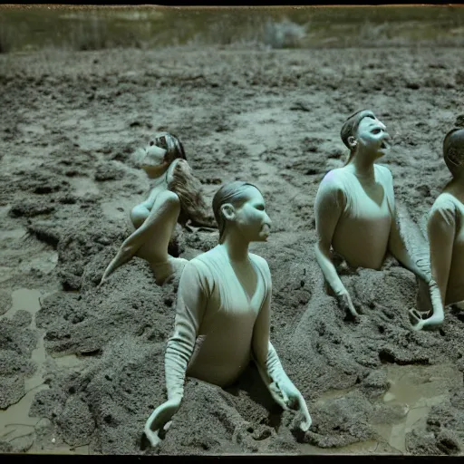 Image similar to melting dancers made of clay and mud on a tanztheater of nature, ultradetailled, ektachrome,