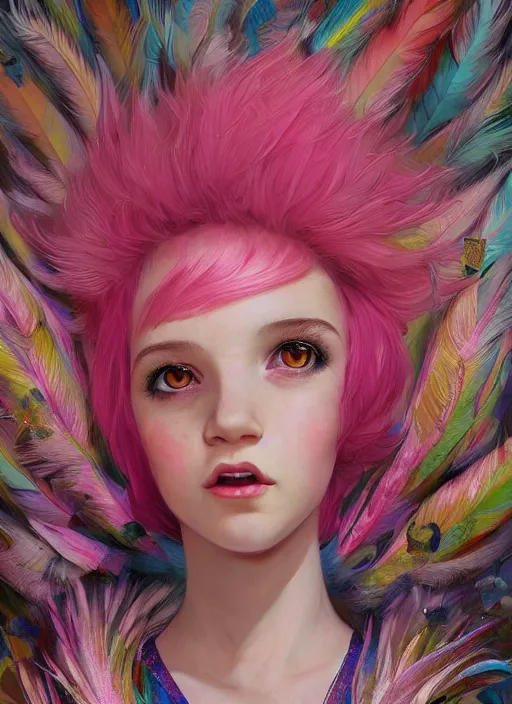 Image similar to beautiful little girl with an pink eccentric haircut wearing an dress made of feathers dancing on stage, artwork made by ilya kuvshinov, inspired in donato giancola, hd, ultra realistic, reflection, flowers, light, realistic face, bird tattoo, trending on pixiv, 8 k, ray tracing