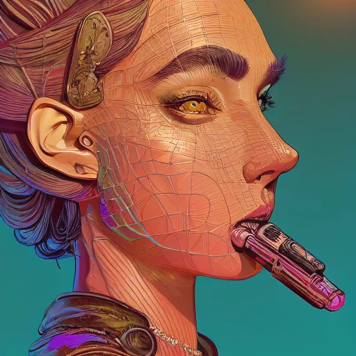 Prompt: a beautiful detailed line art illustration centered character portrait glamour shot of an attractive female biting her lip, centered, by dan mumford and moebius and paul lehr and beeple, trending on artstation, plain background, photoreal, 8 k, 3 d sculpture, unreal engine