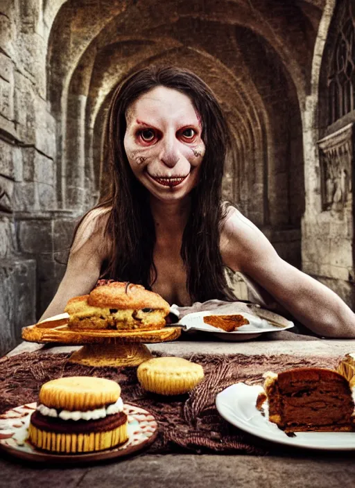 Image similar to closeup portrait of a medieval goblin eating cakes in the cloisters, depth of field, zeiss lens, detailed, symmetrical, centered, fashion photoshoot, by annie leibovitz and steve mccurry, david lazar, jimmy nelsson, breathtaking, 8 k resolution, extremely detailed, beautiful, establishing shot, artistic, hyperrealistic, beautiful face, octane render