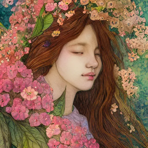 Image similar to a beautiful intricate watercolor illustration of a dreaming girl with flowers, leaves, 4 k, ultra - wide angle, by william turner, by victo ngai, by gustav klimt, hd, trending on artstation, hyper detailed, muted intense colors