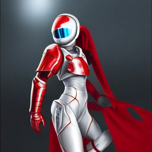 Image similar to portrait of a beautiful female soldier, no makeup, in glossy sleek white armor inspired by samus aran and a long red cape, heroic posture, determined expression, no helmet, on the surface of mars, cinematic, sci-fi, hyperrealistic, detailed