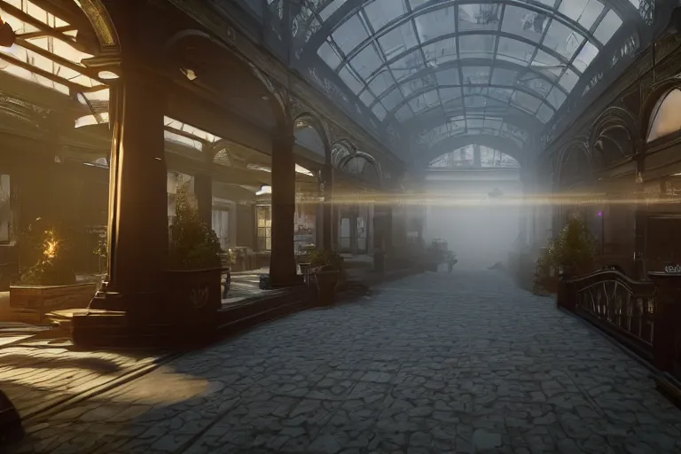 Image similar to a first person shooter on a victorian shopping mall, cinematic lightning, ray tracing, unreal engine 5, photorealistic, 8 k, uhd, 4 k, fps game concept, extremely detailed, beautiful, elegant, intricate, foggy, in - game footage