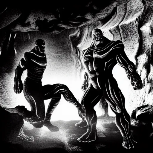 Image similar to black and white thanos fight with the thanos in a cave, by tsutomu nihei, black and white, old cave with slime and wires blur background, cinematic, perspective, realistic