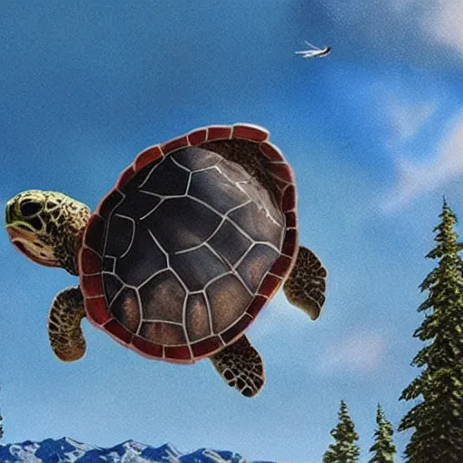 Prompt: hyperrealistic turtle flying over the mountains