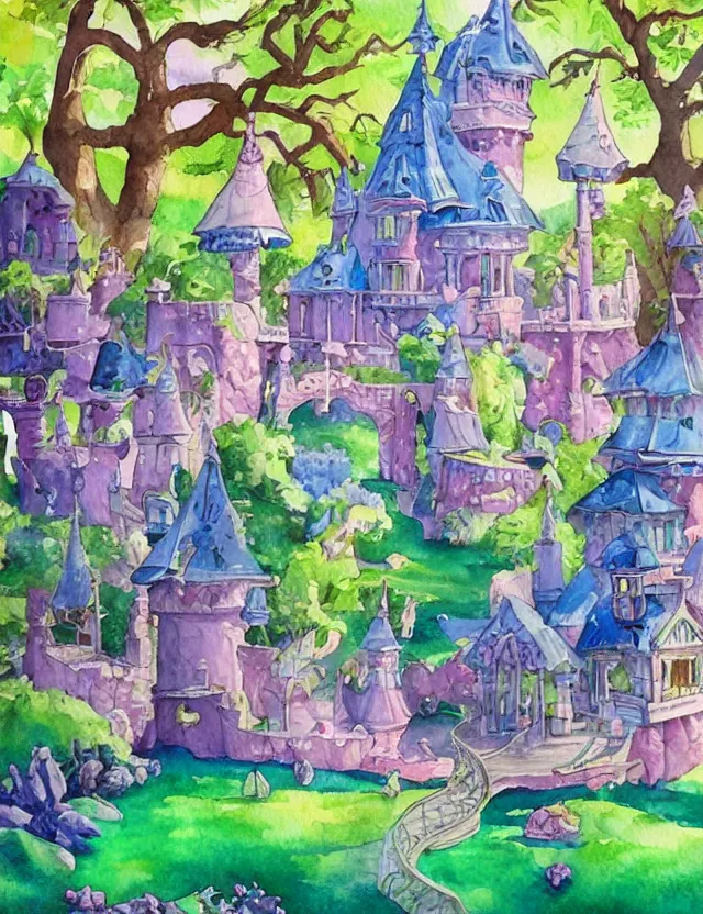 Prompt: futuristic magic castle in springtime. this watercolor painting by the beloved children's book author has interesting color contrasts, plenty of details and impeccable lighting.