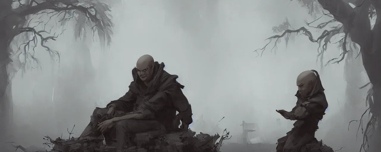 Image similar to duotone noir illustration of bald merchant demon sitting below willow tree in medieval brown tunic. foggy evening. dark dream atmosphere, by sachin teng and sergey kolesov and ruan jia and heng z. graffiti art, scifi, fantasy, hyper detailed. octane render. concept art. trending on artstation