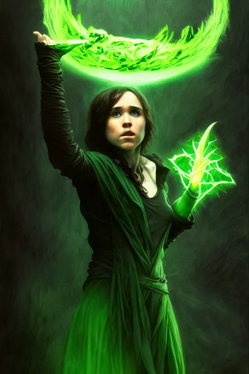 Prompt: ellen page as a dark sorceress casting a green spell, green lighting, fantasy character portrait, ultra realistic, concept art, intricate details, highly detailed by james bama, william adolphe bouguereau and frank frazetta