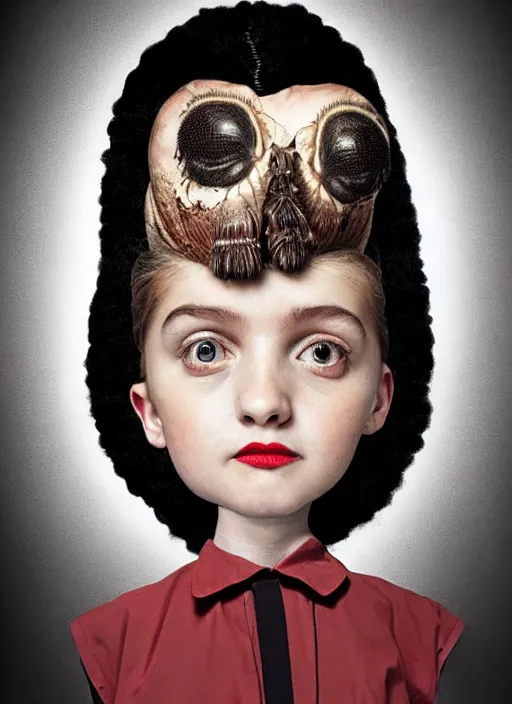 Image similar to surreal portrait of a girl whose head is a tarantula and whose body is dressed in a 1950s school dress, inspired by Mark Ryden and Marion Peck, hints of Cronenberg