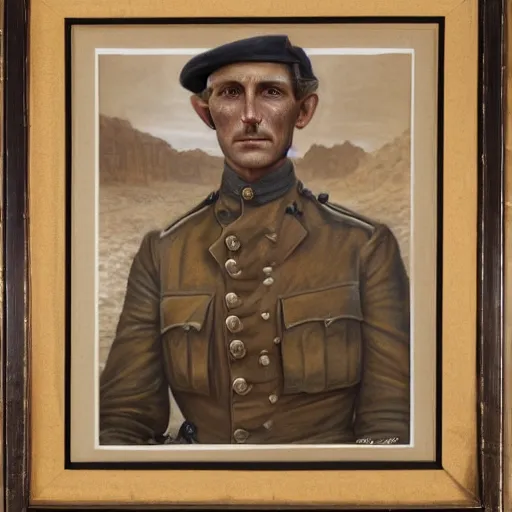 Image similar to a detailed photorealistic sepia - toned color portrait painting of a 1 9 1 7 worried clean - shaven british lieutenant in detailed field gear wearing a finely - detailed pith helmet in wadi rum, ultra realistic, intricate details, lovecraft, atmospheric, dark, horror, brooding, highly detailed, by clyde caldwell