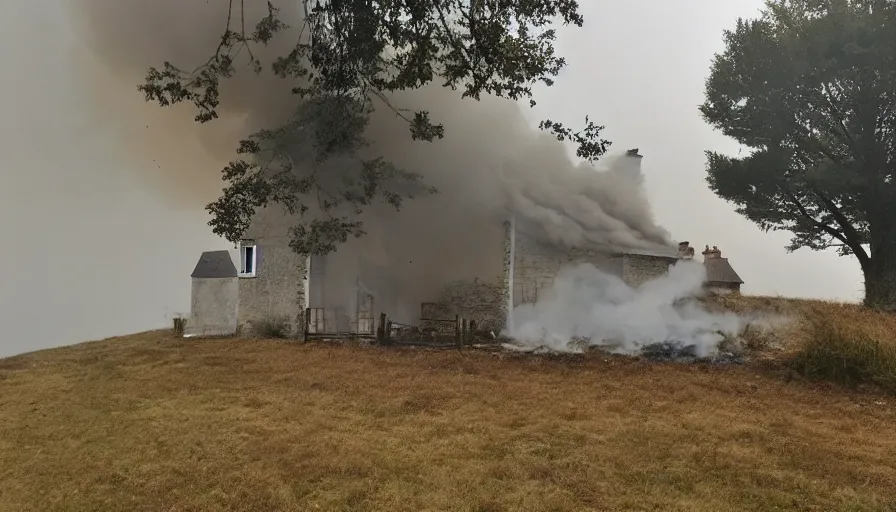 Image similar to mini dv camera found footage of a heavy burning french style little house, heavy rain, foggy, in a small northern french village, heavy grain, very low quality, high detail, dramatic light