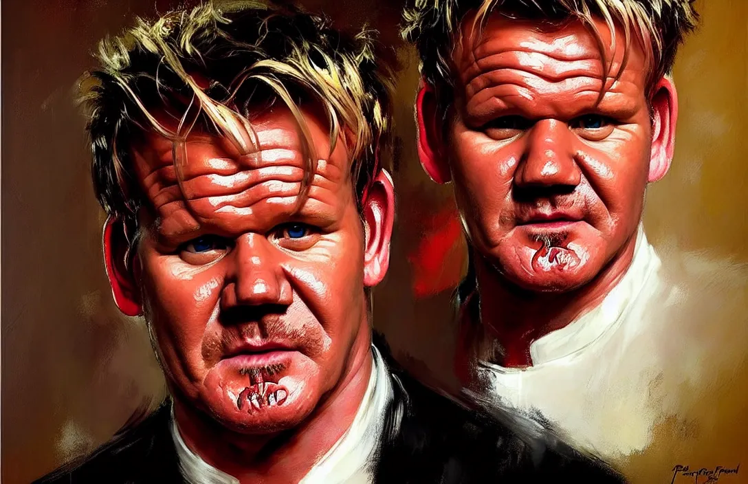 Image similar to portrait of gordon ramsay!!!!!!!!!!!!!!!!!!!!!!!!!!!, detailed face, detailed painting,, epic lighting, by ilya repin, phil hale and kent williams