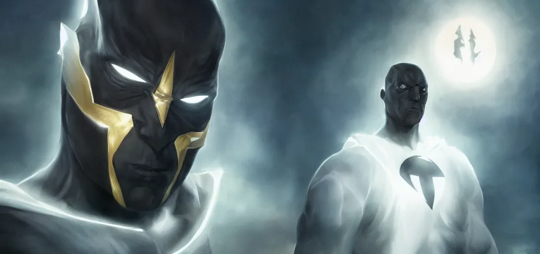 Prompt: characters portrait of Moon Knight mixed with Black Adam by Alyssa Monks, full-shot, merged character, Full body shot, cinematic opening shot, 4k, highly detailed, cinematic lighting