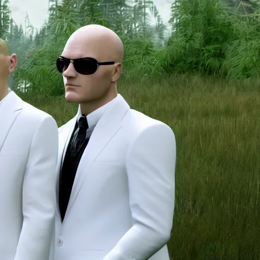 Image similar to hitman agent 4 7 stand wearing white suit and look dissapointed of his fat son. realistic. 4 k. 8 k.