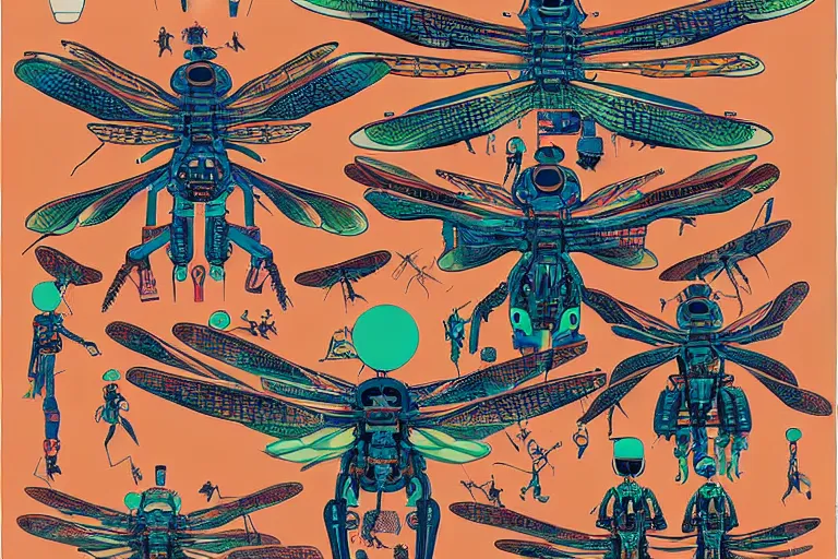 Image similar to gigantic dragonflies with human faces catch tiny robots, a lot of exotic mechas robots around, human heads everywhere, risograph by luigi serafini, colorful flat surreal design, super - detailed, a lot of tiny details, fullshot