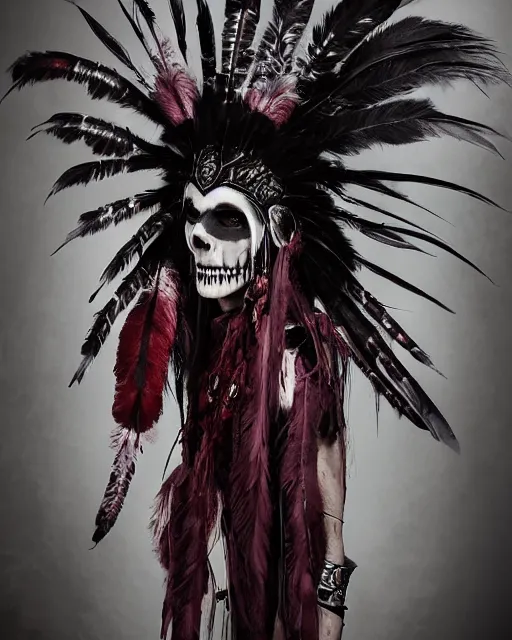 Image similar to the ghost - spirit of the grim - warpaint wears the scarlet skull armor and native blood headdress feathers, midnight fog - mist!, dark oil painting colors, realism, cinematic lighting, various refining methods, micro macro autofocus, ultra definition, award winning photo, photograph by ghostwave - gammell - giger - shadowlord