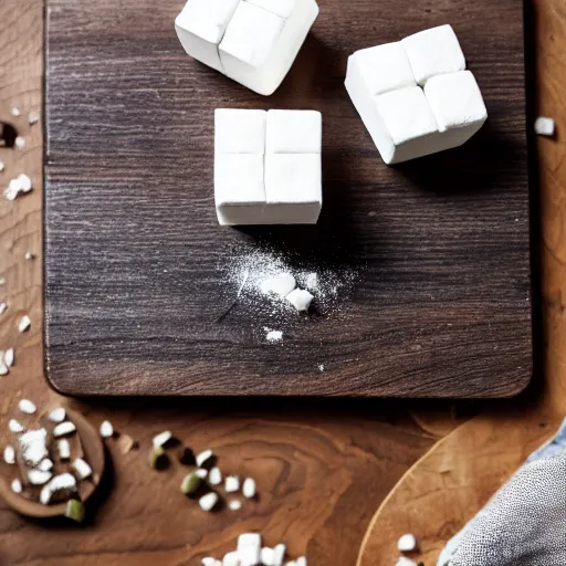 Image similar to photograph of a marshmallow cube on a dark wooden chopping board, hessian, styled food photography, photorealistic, 4 k