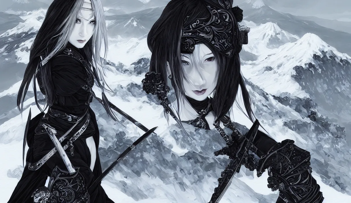 Image similar to portrait ninja gaiden girl, black plus white ninja wardrobe, at snowy fuji mountain sunrise, ssci - fi and fantasy, intricate and very very beautiful, detailed, digital painting, artstation, concept art, smooth and sharp focus, illustration, art by tian zi and wlop and alphonse mucha