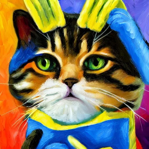 Image similar to palette knife oil painting of a cat wearing a disney gloves
