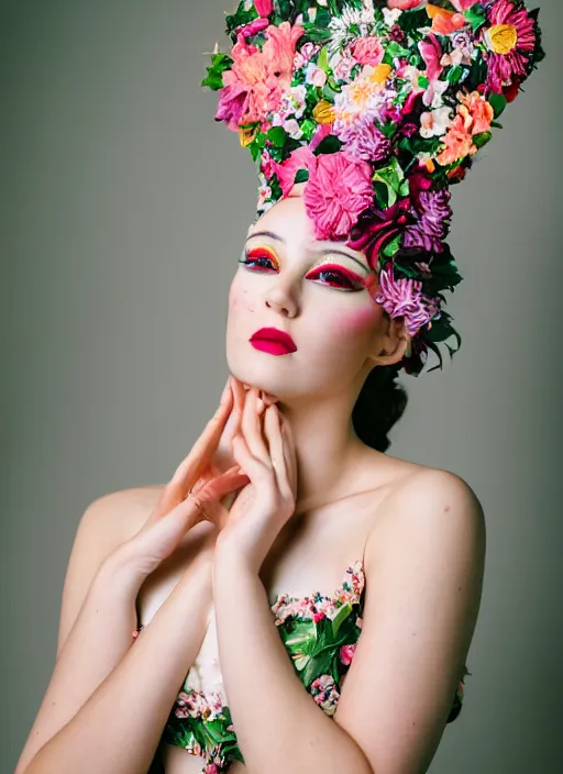 Prompt: a creative portrait of a beautiful female model, beauty shot, floral headpiece, floral painted backdrop, photography, creative makeup, female character, canon eos r 3, f / 1. 4, iso 2 0 0, 1 / 1 6 0 s, 8 k, raw, unedited, symmetrical balance, in - frame