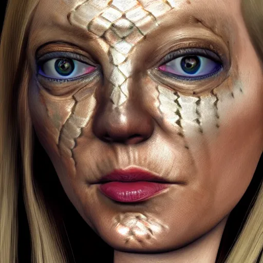 Prompt: A portrait of Liz Truss as a reptilian, snake eyes, slit pupils, metallic scales, Liz Truss, human-animal hybrid, hyperrealistic, trending on artstation