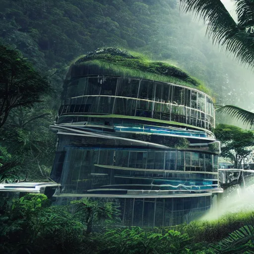 Prompt: extreme wide shot a futuristic containment building in a rainforest valley with a city in the distance, national geographic, hyper realistic, 4 k, warm light, the will to endure, artstation