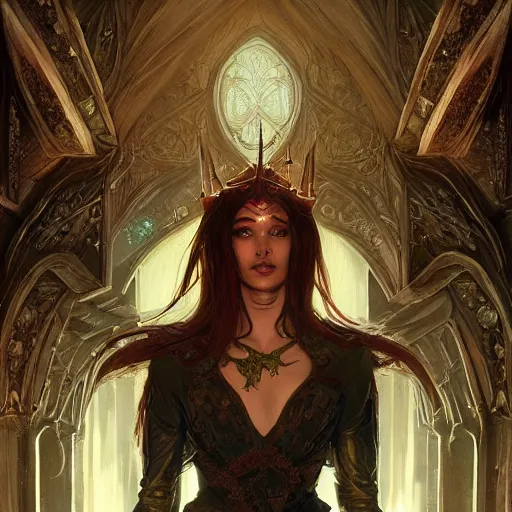 Prompt: An epic fantasy comic book style portrait of a necromancer, castle setting, horror movie lightning, intricate, elegant, highly detailed, digital painting, artstation, concept art, matte, sharp focus, illustration, art by Artgerm and Greg Rutkowski and Alphonse Mucha