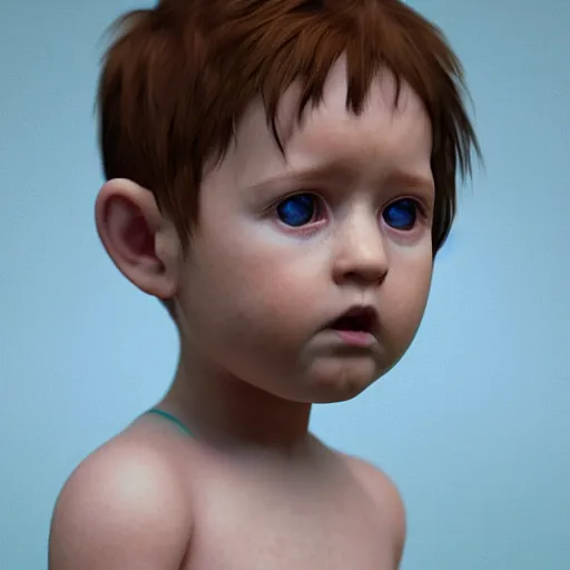 Image similar to hyperrealistic little baby boy big blue eyes thin auburn hair big cheeks, stunning 3 d render inspired by istvan sandorfi & greg rutkowski & mike judge, perfect symmetry, dim volumetric cinematic lighting, 8 k octane comprehensive render, extremely mega hyper - detailed and lifelike attributes & atmosphere, intricate, realistic flesh texture, masterpiece, artstation, stunning,