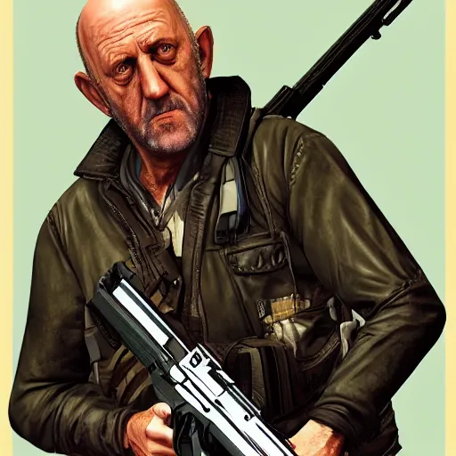 Image similar to Mike Ehrmantraut holding a rifle in GTA V, cover art by stephen bliss, highly detailed, 4k