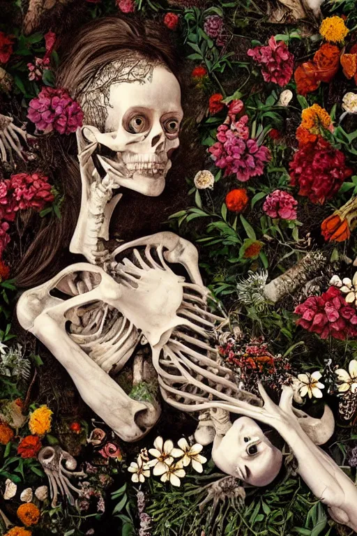 Image similar to a person lying among flowers and bones, large eyes and lips and is dreaming about mortality, HD Mixed media collage, depth of field, liminal space, highly detailed and intricate, surreal illustration in the style of Caravaggio, baroque dark art