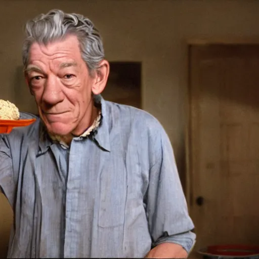 Prompt: film still of ian mckellen covered in baked beans