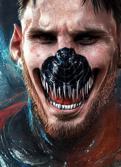 Image similar to messi as venom, naturel, hyper detailed, digital art, trending in artstation, cinematic lighting, studio quality, smooth render, unreal engine 5 rendered, octane rendered, art style by klimt and nixeu and ian sprigger and wlop and krenz cushart