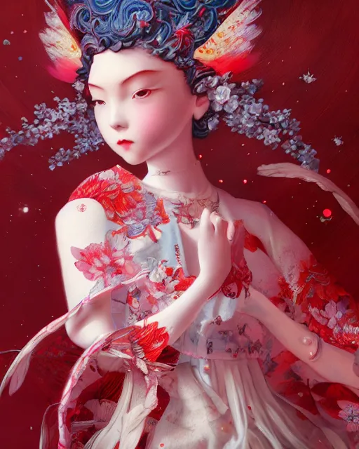 Image similar to detailed photo of pearl japanese doll, beautiful clothes, innocent, elegant red dress, 8 k, by tristan eaton, stanley artgermm, tom bagshaw, greg rutkowski, carne griffiths, trending on deviantart, hyper detailed, glorious lighting, epic environment