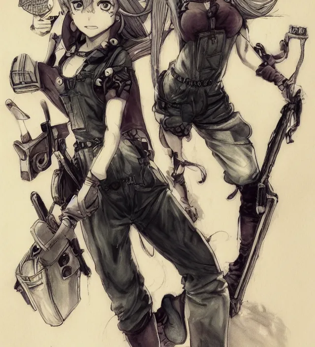 Prompt: full body pose, hd, manga anime portrait of a fairy girl in combat boots and overalls, ishikawa ken, frank miller, jim lee, alex ross style detailed trending award winning on flickr artstation,