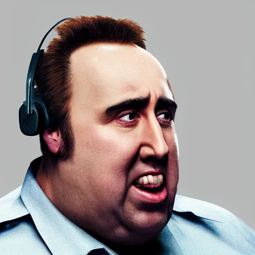 Prompt: Obese Nicolas Cage wearing a headset and yelling at his monitor, digital art, trending on Artstation, rendered by Octane, by WLOP