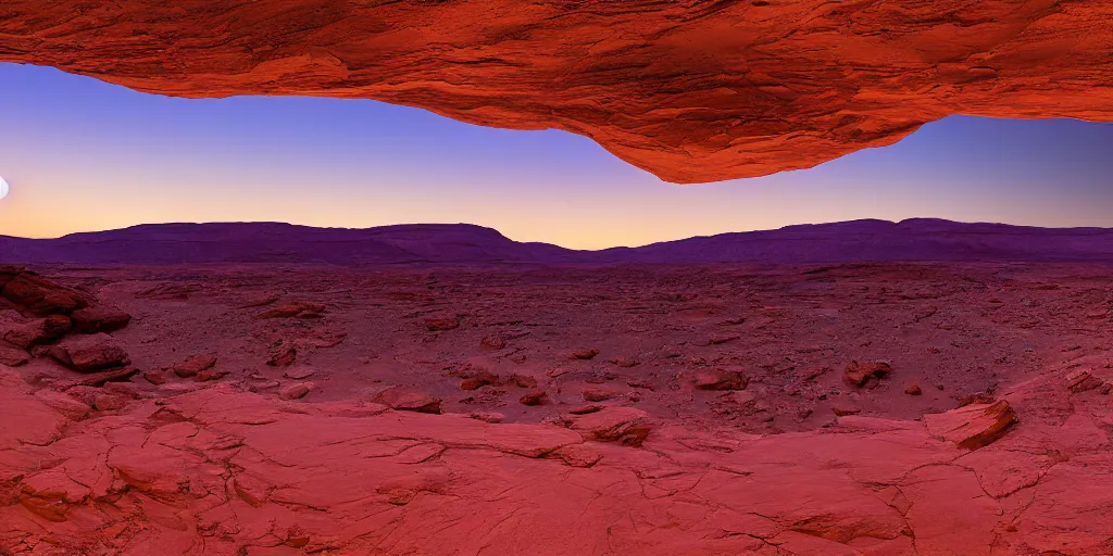 Prompt: a ground - level view of a river bend running through a canyon surrounded by desert mountains at sunset on mars, purple sky, two moons, planet mars, moab, utah, a tilt shift photo by frederic church, trending on unsplash, hudson river school, photo taken with provia, national geographic photo