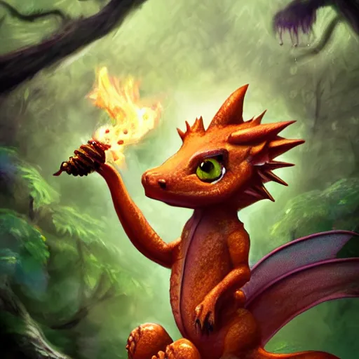 Image similar to image of a little cute dragon in a fantasy forest spitting honey instead of fire, digital art, trending on artstation