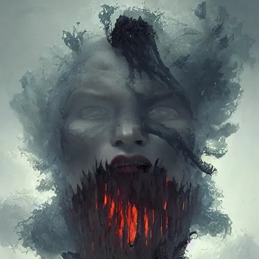 Image similar to a beautiful terrifying monster of ash and smoke, eyes and mouth glowing like burning embers. ethereal horror fantasy art by greg rutkowski