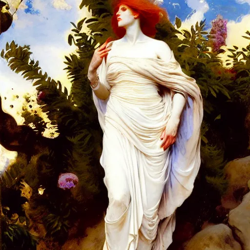 Prompt: redheaded prophetess, fully clothed in white floral chiton, ancient greece, by john singer sargent and gaston bussiere and james jean and grzegorz rutkowski