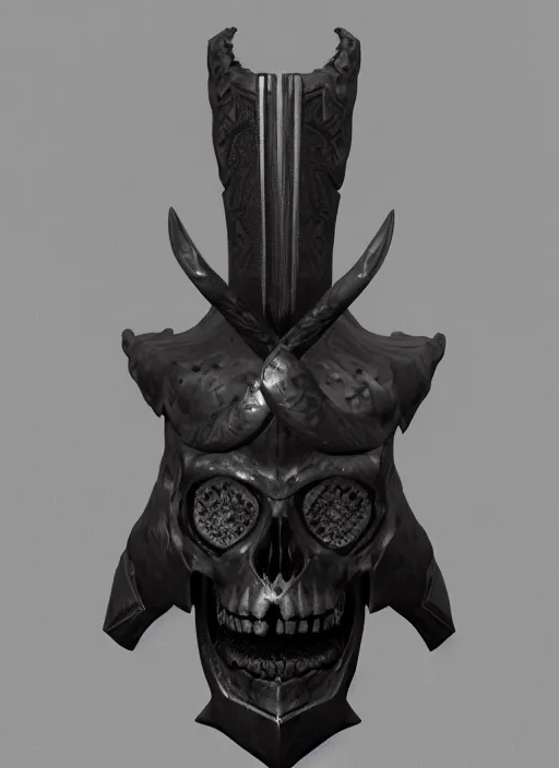 Image similar to a black long sword skull crest, orthographic, ornament, weapon, a 3 d render by dom qwek, front side views full, trending on polycount, artstation, hard surface modeling, rendered in maya, 3 ds max, blender, hd, vray, dark souls