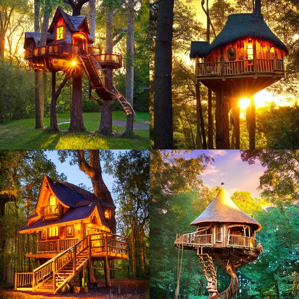 Prompt: beautiful fantasy treehouse, golden hour lighting