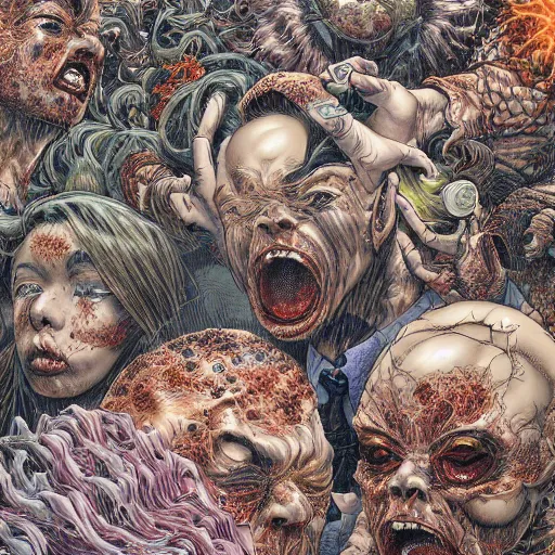 Image similar to closeup of exploding heads, by yoichi hatakenaka, masamune shirow, josan gonzales and dan mumford, ayami kojima, takato yamamoto, barclay shaw, karol bak