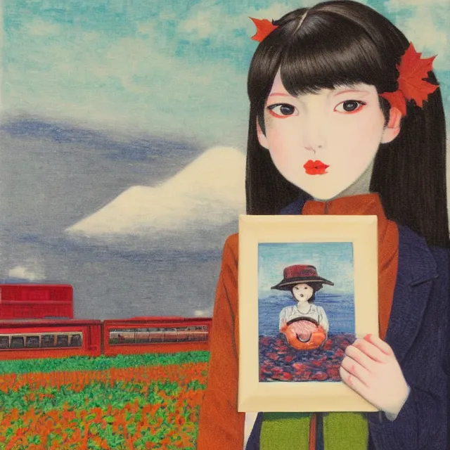 Image similar to tall emo girl artist holding small portraits and a persimmon on a train, on shinkansen in japan, odawara station, odawara castle, autumn leaves, pigs, octopus, acrylic on canvas, surrealist, by magritte and monet